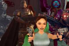 Best Action Games On PC New Feature Image Featuring Collage Of Lara Croft With Pistols From The Remasted Trilogy, Helldivers 2 Soldier, Crimson Fleet From Starfield, Talos From Dragon's Dogma 2, And Anger Foot In