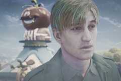 James Sunderland from Silent Hill 2 Remake in a foggy Tomato Town from Fortnite.