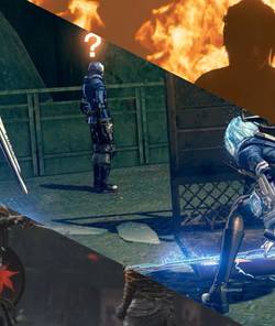Jin sneaking up on enemies in ghost of tsushima, a player and legion sneaking up on an enemy in astral chain, and lara rising from fire in shadow of the tomb raider, left to right.
