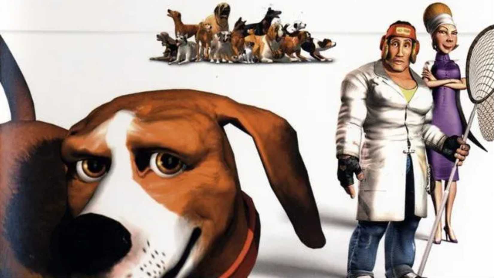 A dog and two humans in Dog's Life on a white background.